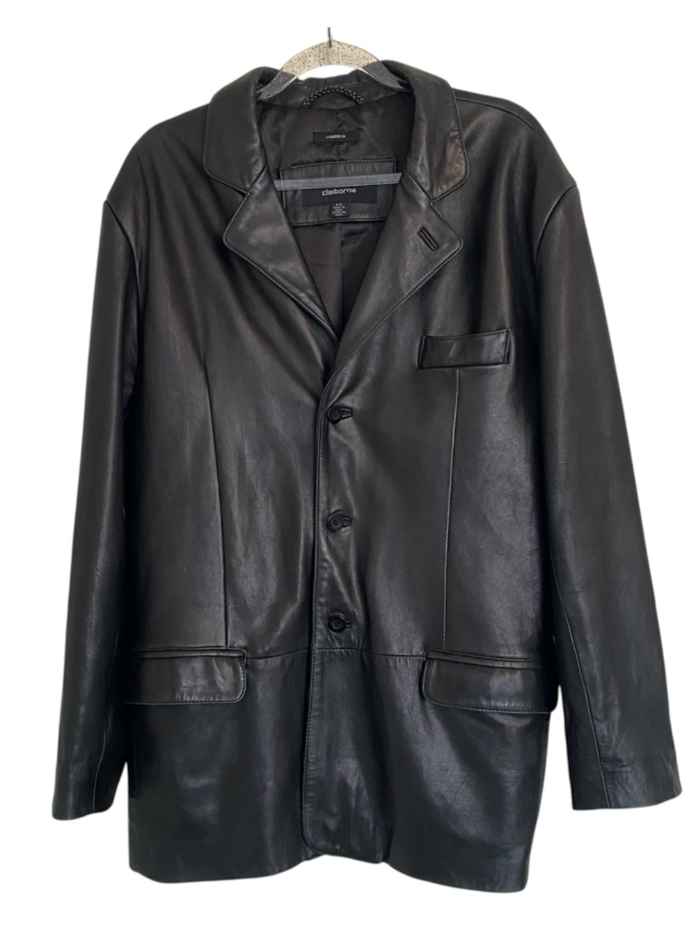 Vintage Y2K Claiborne Black Lambskin Leather Blazer Long Coat Men’s Large